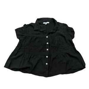 Good Luck Gem Top Blouse Women's Size XS Black Crop 100% Rayon Short Sleeve Butt